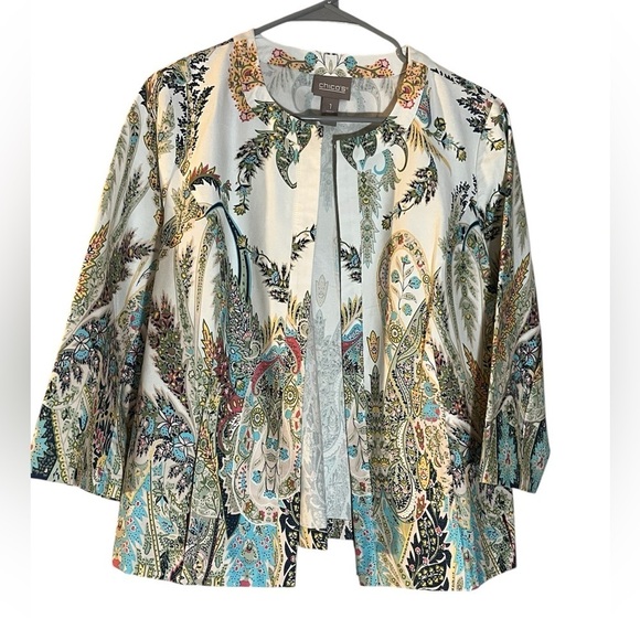 Chicos Boho Jacket Women Medium White Floral Open Front Stretch 3/4 sleeve - Picture 1 of 5